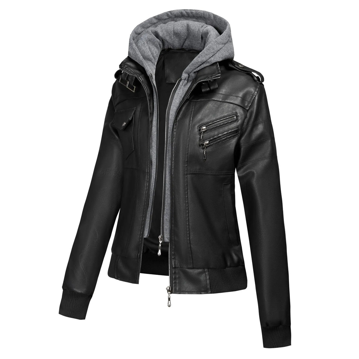 Women's faux leather motorcycle jacket in black, loose fit, sizes S to XXL, with pocket and no fur collar