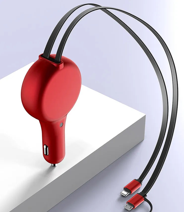 Black retractable car charger unit with two extended cables plugged into a vehicle's 12V socket.