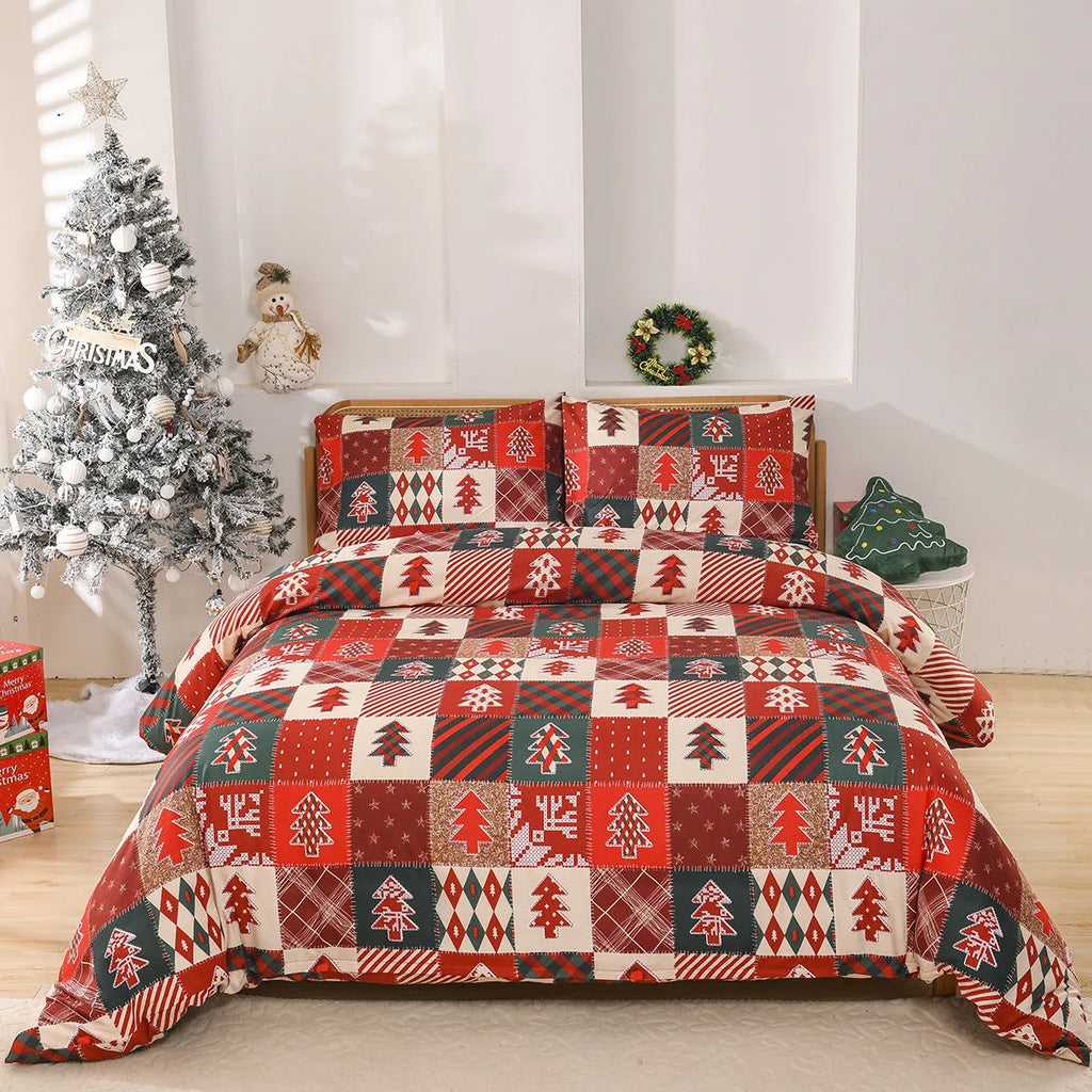 Christmas red plaid pattern bedding three-piece set showing quilt cover and pillowcases with sanded weave texture