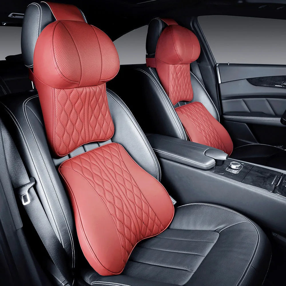 Car neck pillow and lumbar support pillow set with wavy embroidery in a choice of colours.