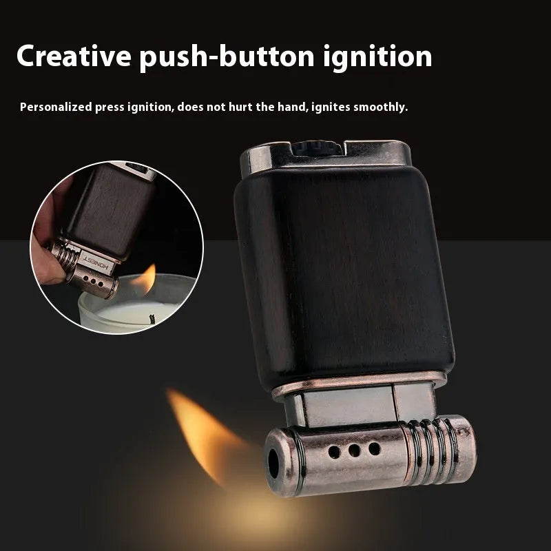 Ebony gas lighter with metal construction and decorative black wood finish