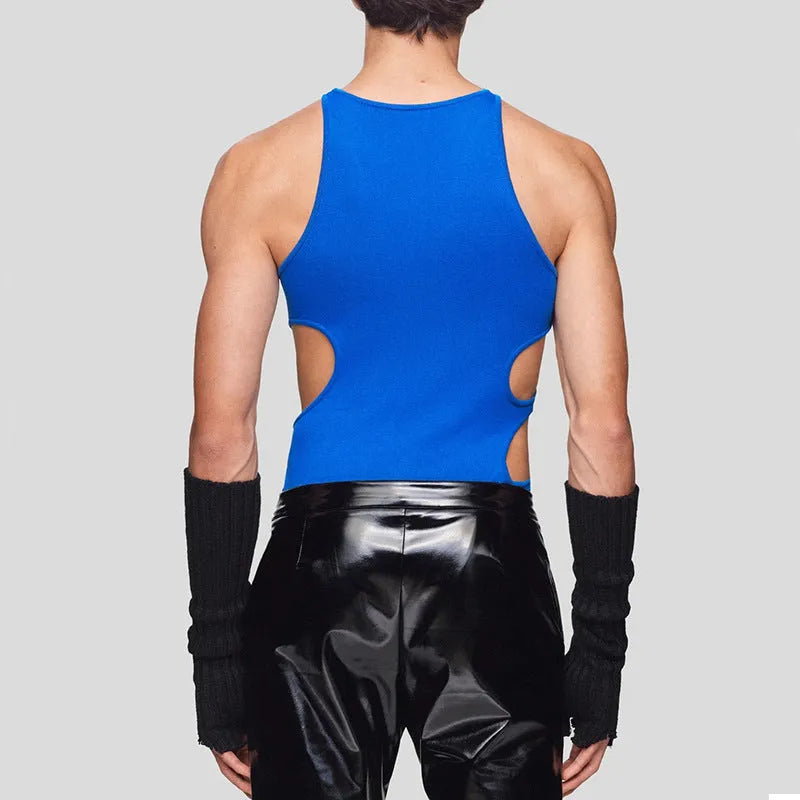 Men's sleeveless double-shoulder strap knitted vest in polyester stretch slim fit, available in black blue and coral