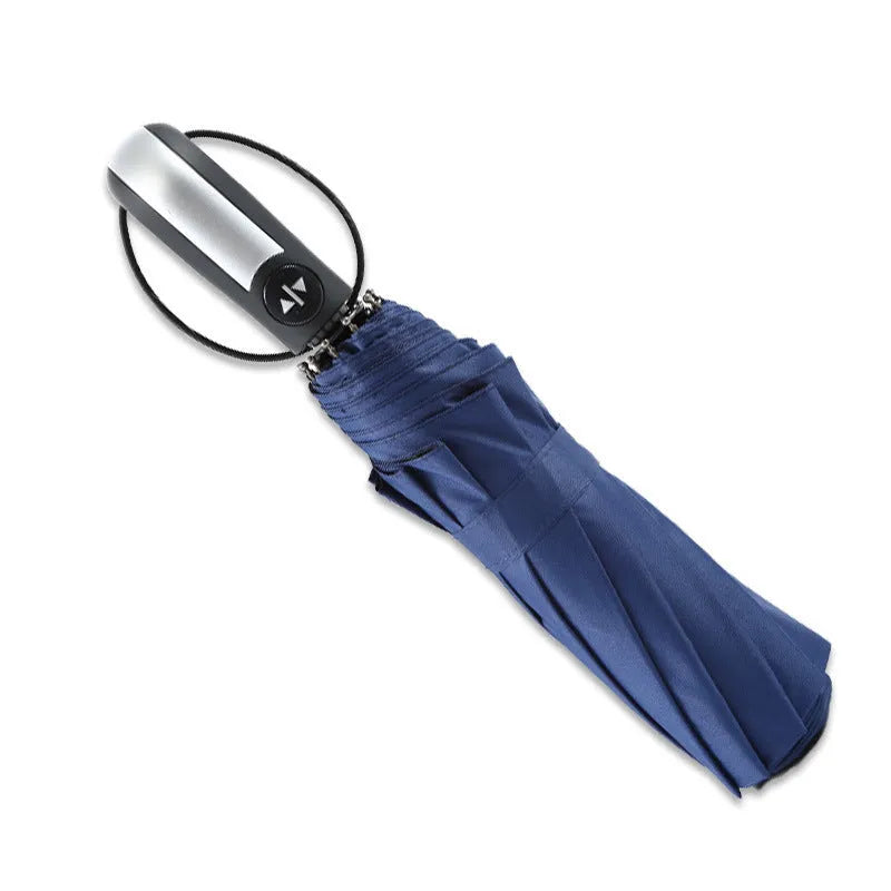 Closed and open views of triple folding business umbrella with 10 steel ribs and vinyl fabric in black navy and wine red