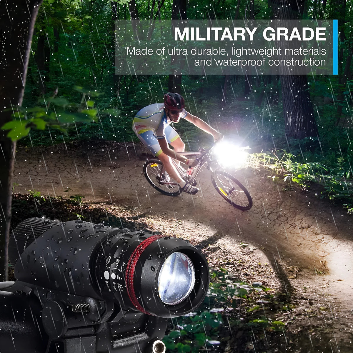 Bicycle headlight and taillight safety set with mounting bracket on a bike handlebar.