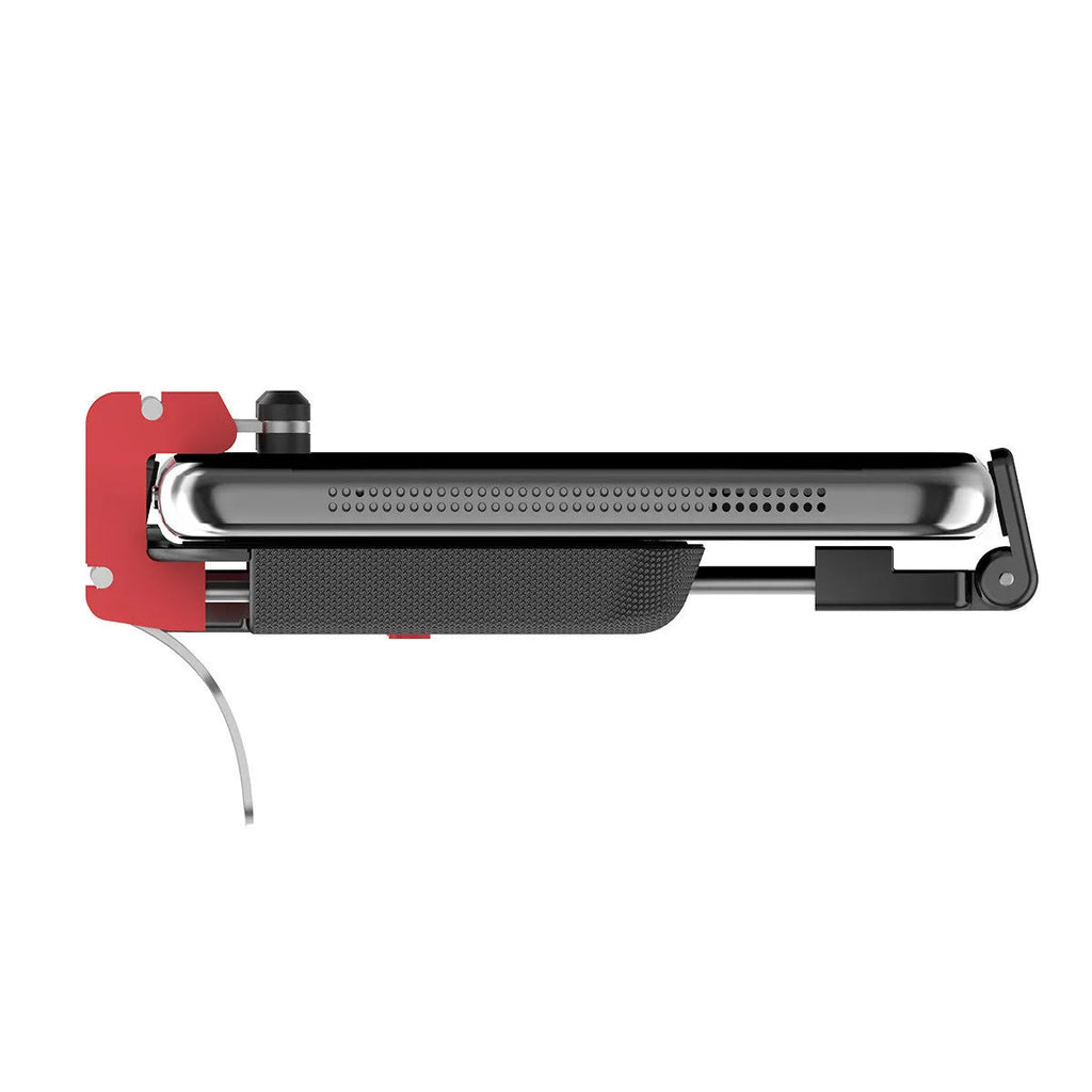 Black mobile phone gaming bracket with a magnetic trigger handle extended, showing adjustable phone clamp.
