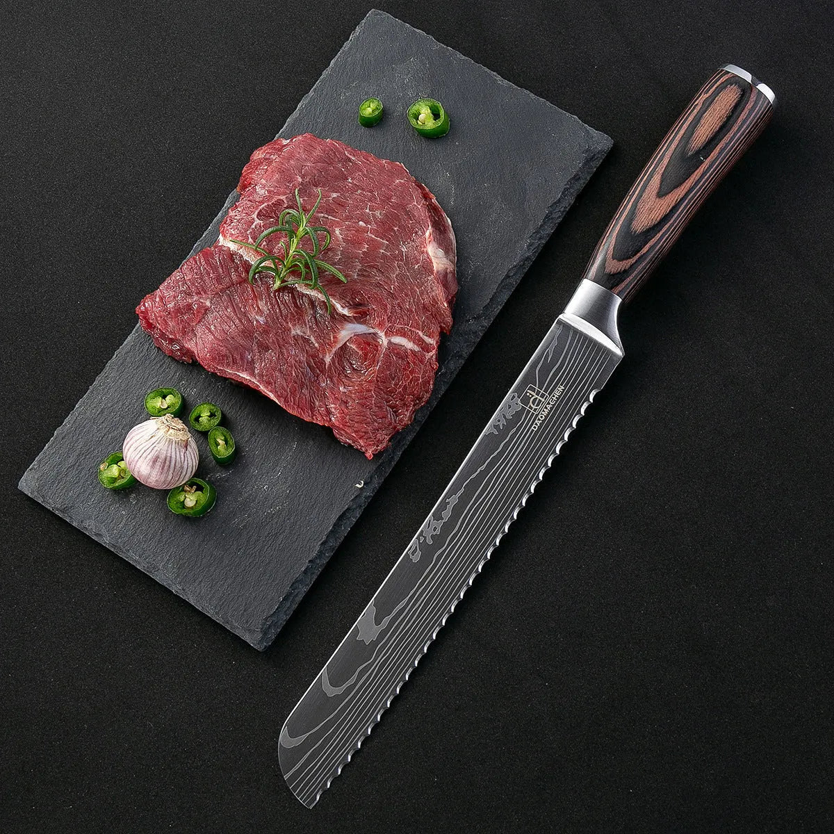 Kitchen knife set with Damascus-pattern stainless steel blades and colour steel handle.