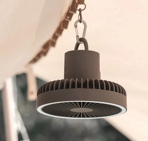 Portable tripod camping fan with detachable aluminium alloy stand, USB rechargeable battery, and hanging hook