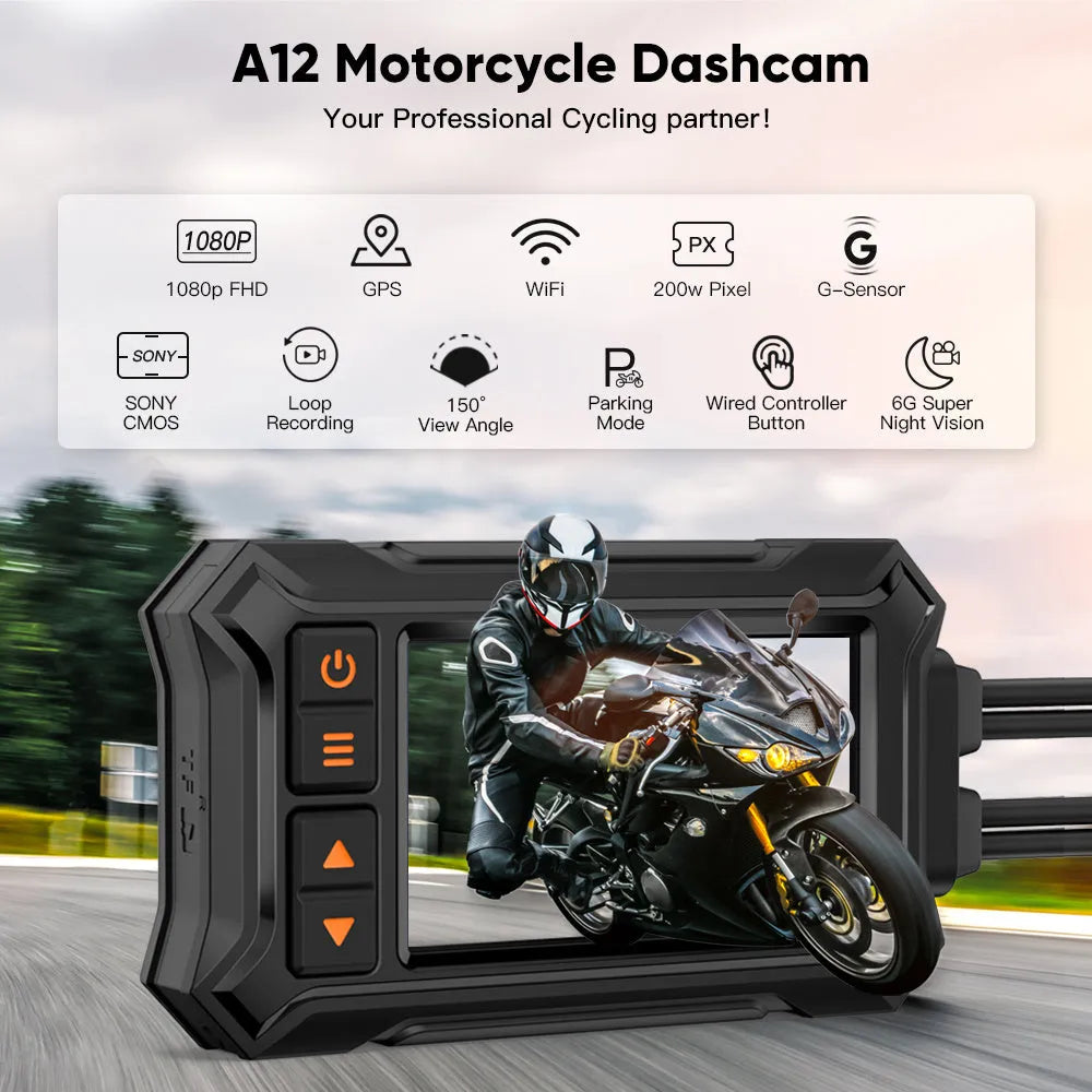 Motorcycle dual lens dash cam with GPS module and waterproof casing showing 1080P front and rear recording capability