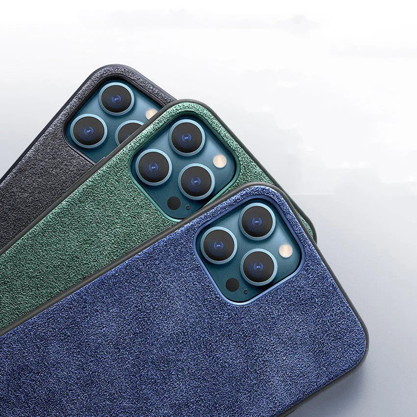 Suede iPhone case in dark blue colour showing back cover style for iPhone 13 Pro Max
