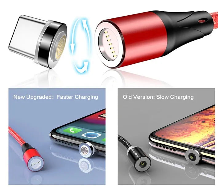 Magnetic charging cable with LED side lights in black colour, showing USB connector and magnetic phone attachment