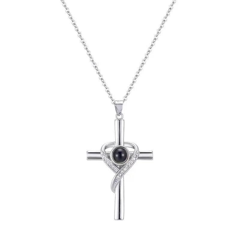 Heart and cross projection necklace in UV gold, silver or rose gold plating on copper