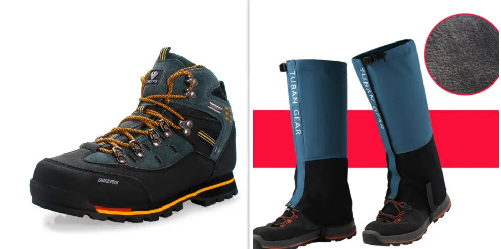 Pair of high-top hiking boots, synthetic leather upper, EVA sole, mid heel, black and yellow exploration colourway