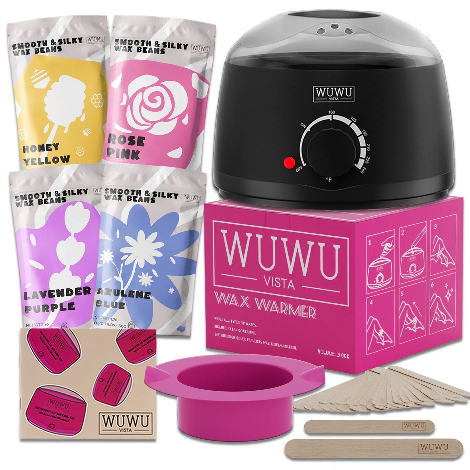 27-piece hair removal wax kit showing four coloured wax beads, a wax warmer machine, and application sticks
