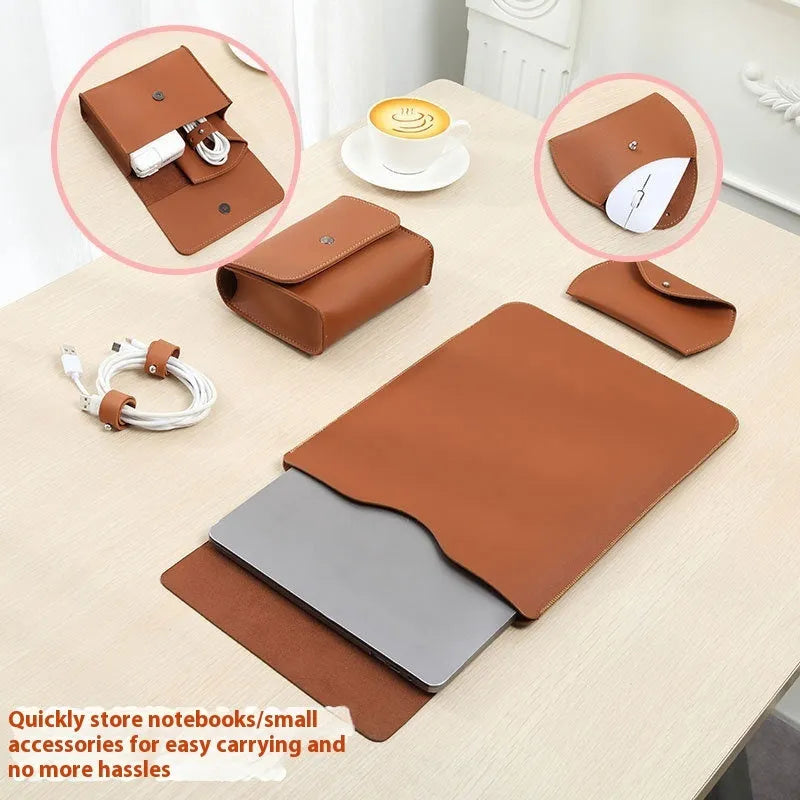 Four-piece set of brown, grey, apricot, and light pink leather-look laptop covers with lock edge design