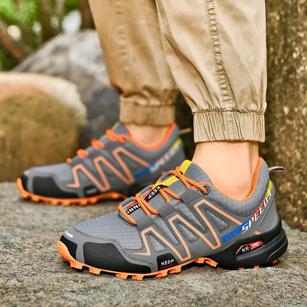 Men's grey orange casual running shoes with synthetic leather upper and rubber sole