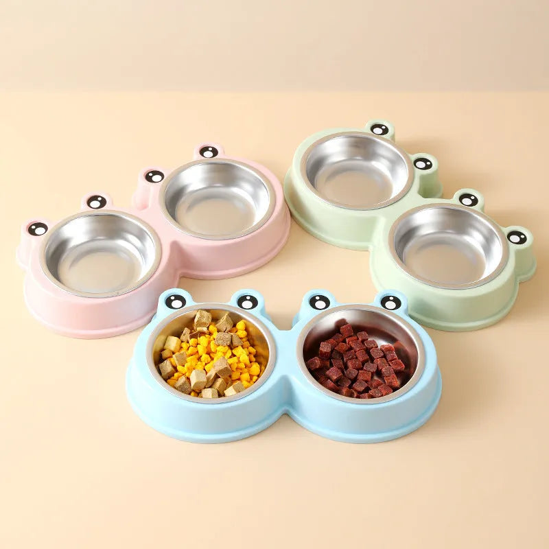 Stainless steel pet double bowl with frog design featuring separate food and water compartments