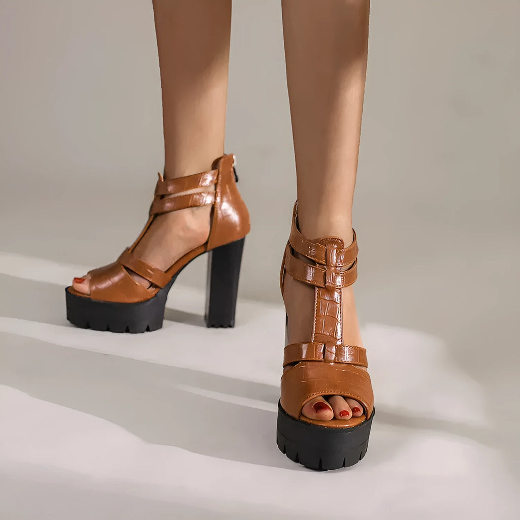 Round-toe platform high heel sandals with back zipper in black, wine red, or yellow