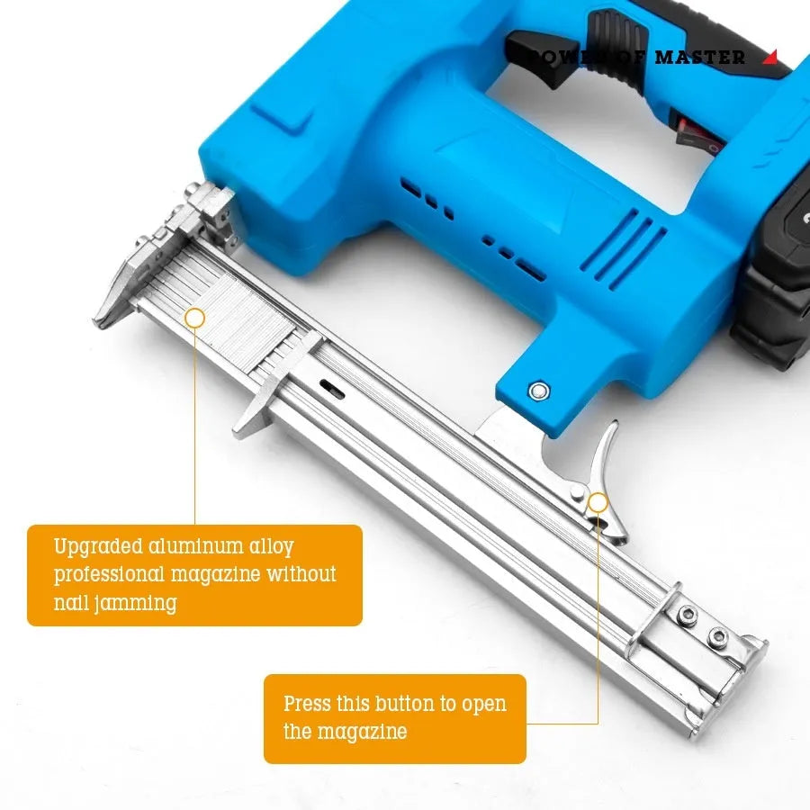 Blue wireless lithium battery pneumatic straight nail gun for decoration and carpentry with two batteries and one charger