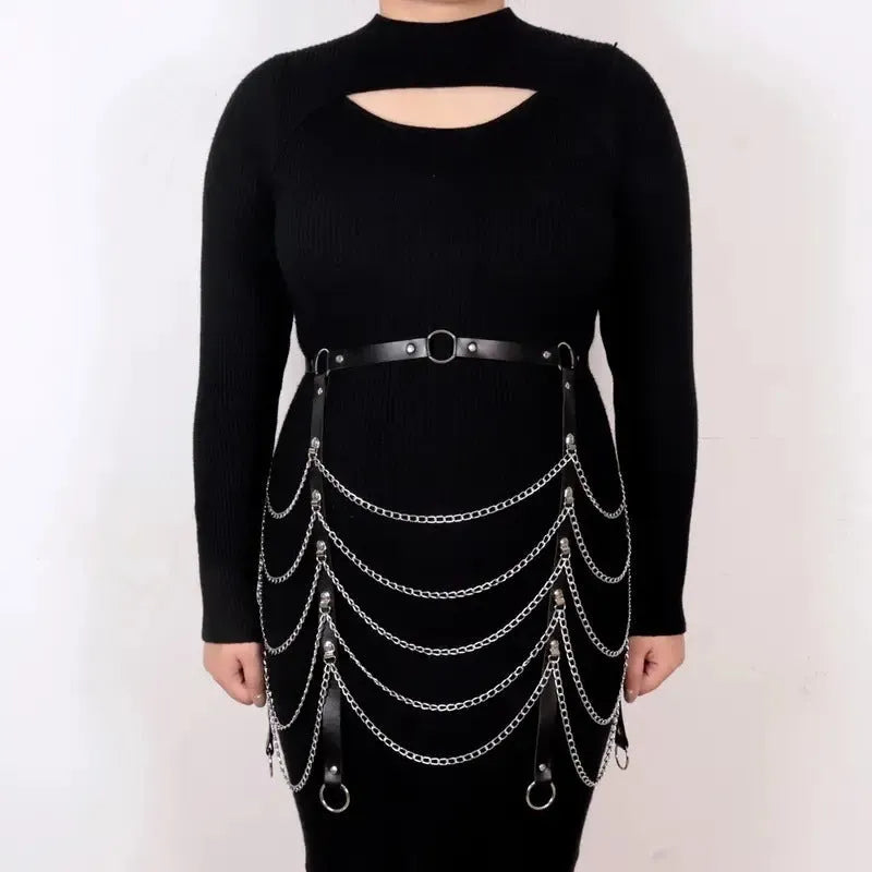Black PU leather waist chain with bandage-style adjustable binding for women's fashion accessories
