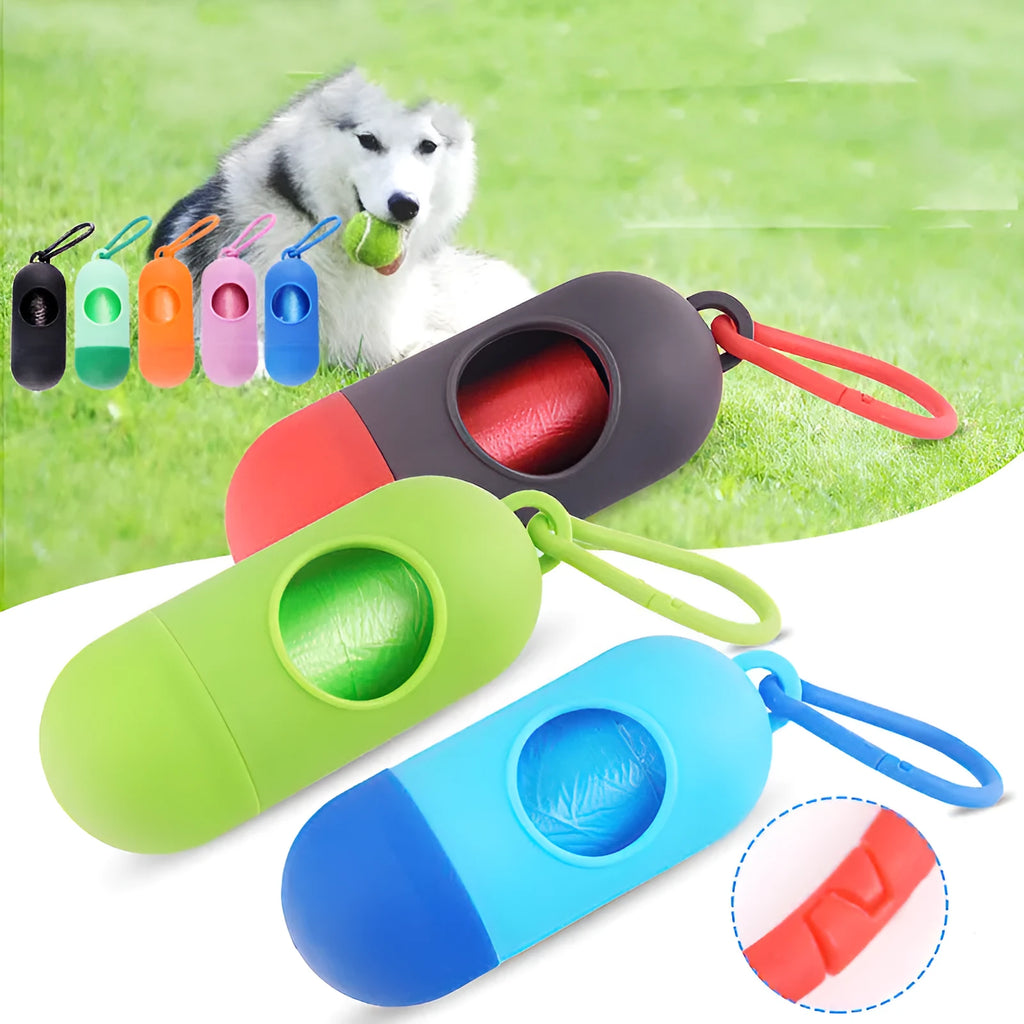 Compact dog poop bag holder dispenser with Velcro strap and side hook for attaching to leads or clothing