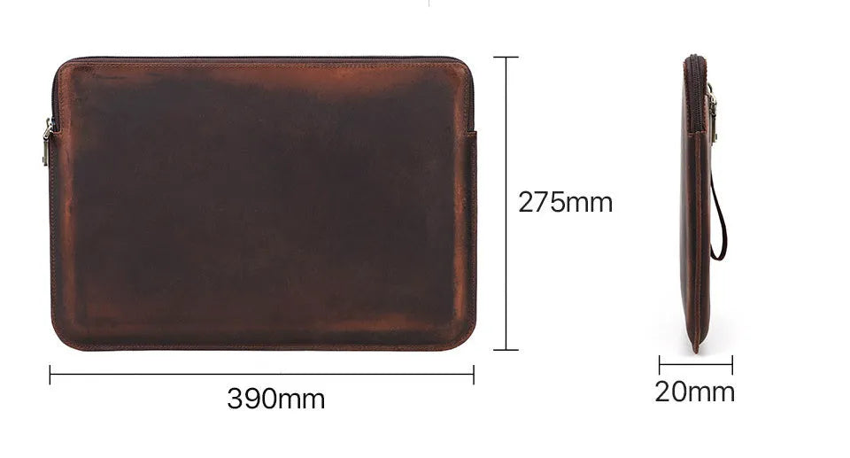 Brown crazy horse leather zipper computer bag for MacBook Pro 15.4 and 16 inch, 390x275x20mm