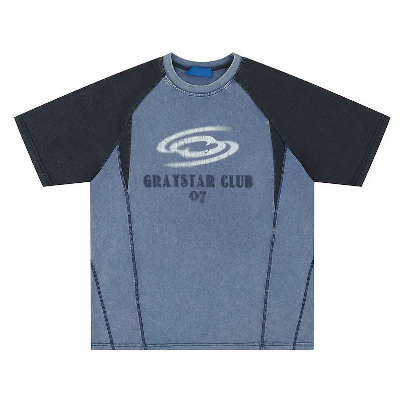 Men's blue hip hop letter print t-shirt with raglan sleeves and loose fit