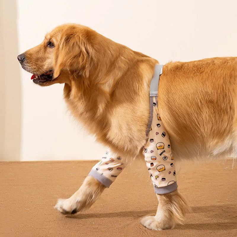 Adjustable dog knee protector wrap with thick elbow padding and matching scarf in blue, grey, or yellow