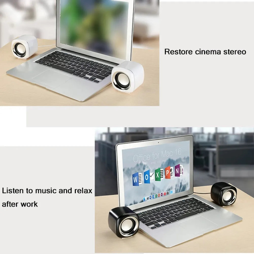 Pair of black cubic desktop speakers measuring 7.2cm with volume scroll wheel and 3.5mm cable