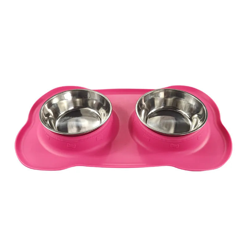 Large silicone dog bowl with stainless steel insert in blue, showing double-bowl design.