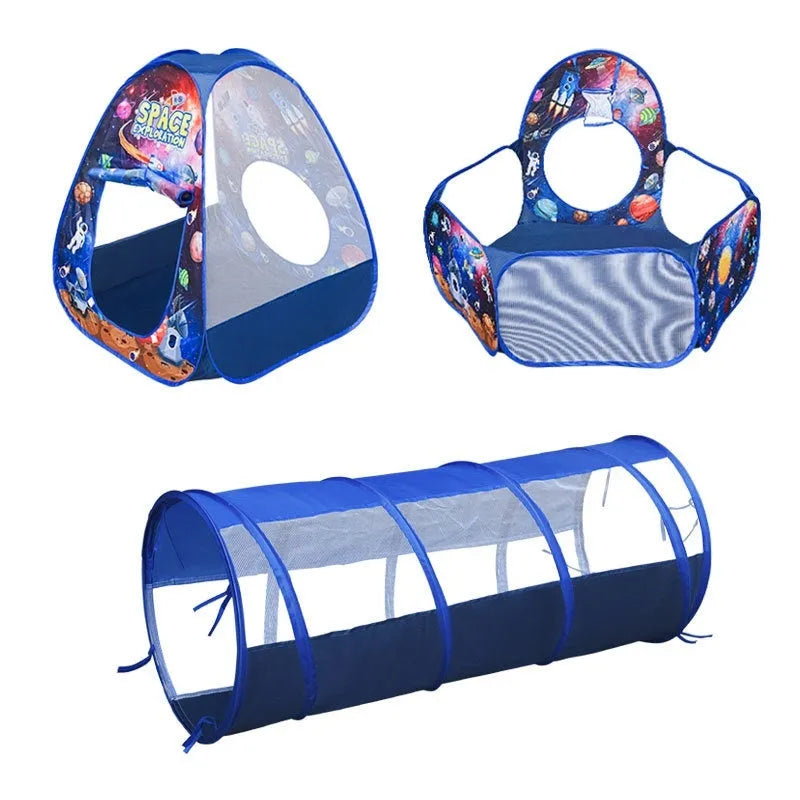 Colourful marine cartoon children's cloth tent with integrated ball pool and play tunnel.