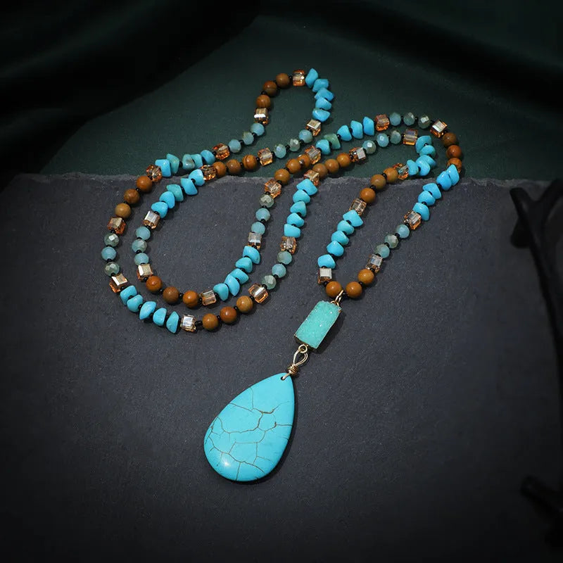Blue turquoise water drop pendant necklace with ball bead chain over 81cm length
