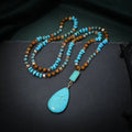 Blue turquoise water drop pendant necklace with ball bead chain over 81cm length
