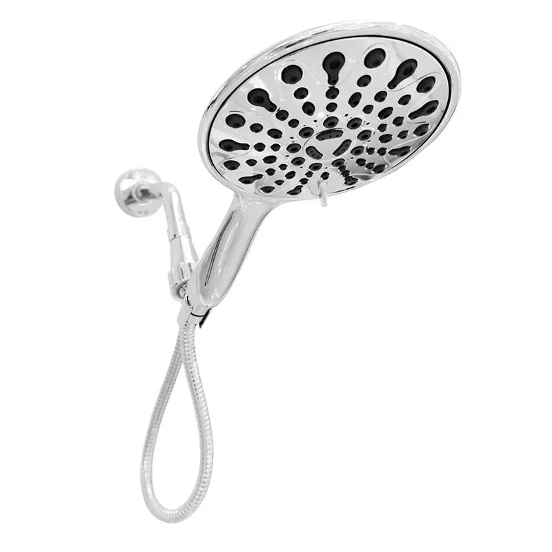 Portable handheld shower head with electroplated finish showing six spray function settings