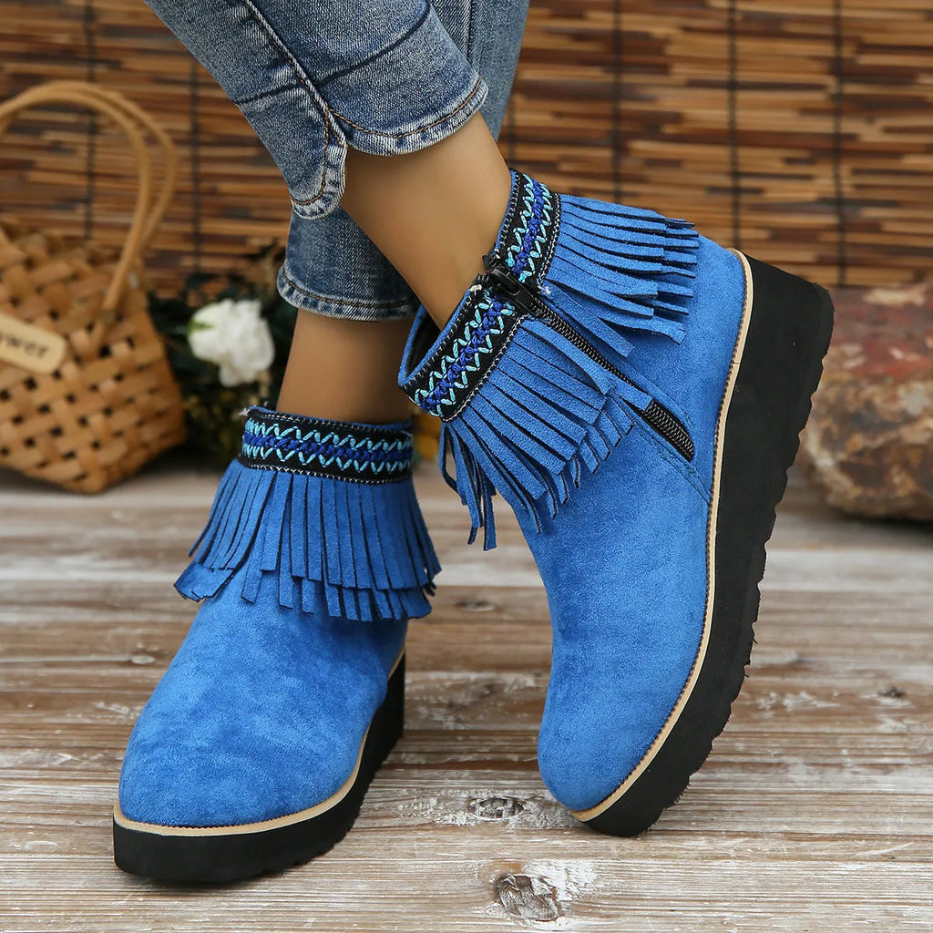 Women's wedge ankle boots with suede upper, side zip, and waterproof platform sole in dark brown