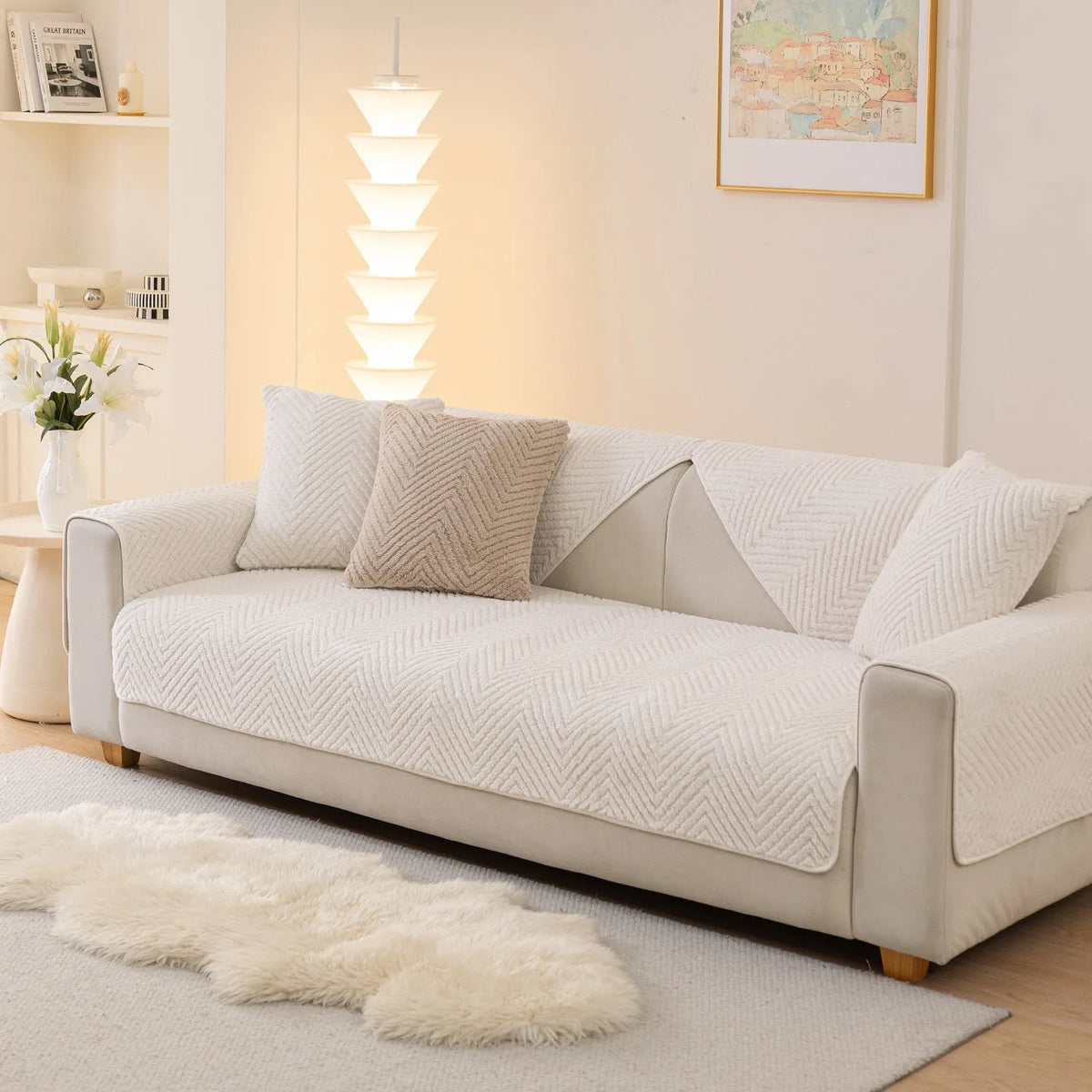 Solid colour plush sofa cover cloth in white khaki or grey, sizes 70x70cm to 110x240cm with matching pillowcase option