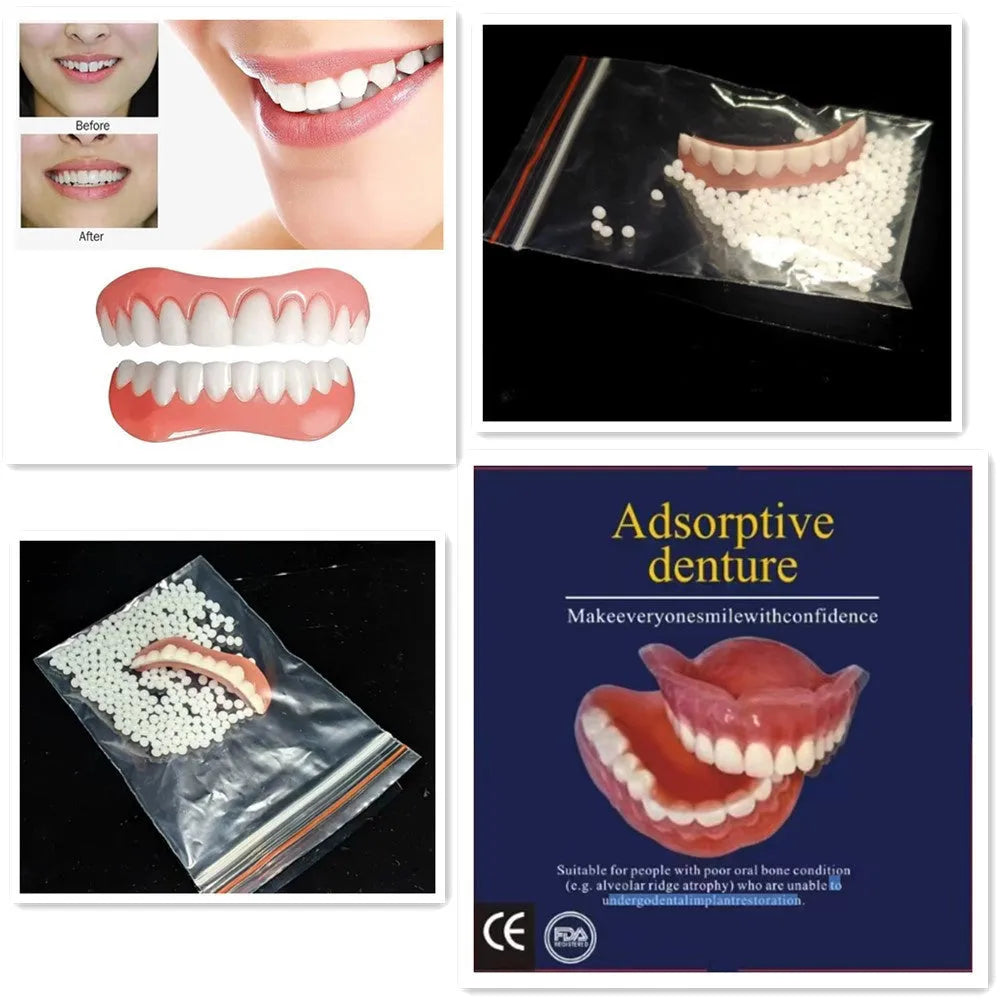 Disposable silicone simulation smile dentures with upper and lower teeth in colour box packaging