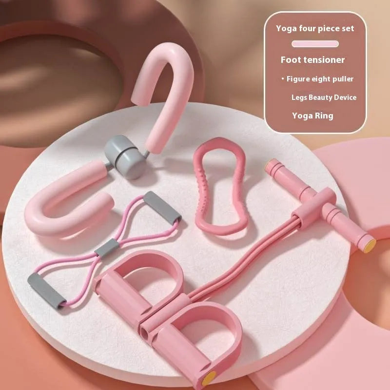 Four piece yoga fitness set with leg stretching device, yoga ring, pedal tension tool and figure eight resistance rope