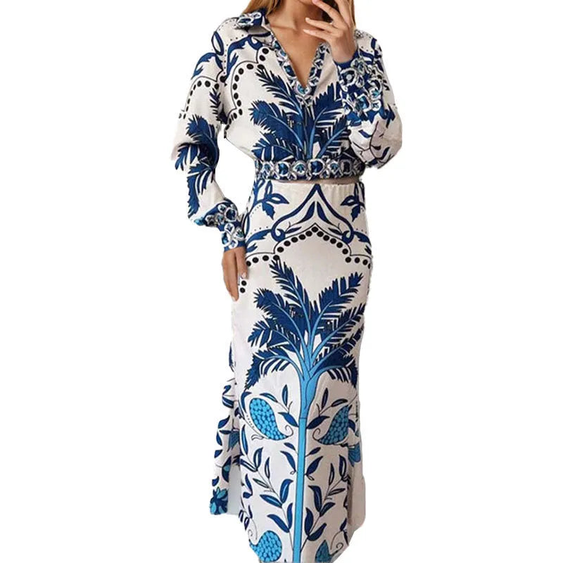 Women's casual two-piece co-ord set with long sleeves and long skirt for early spring wear