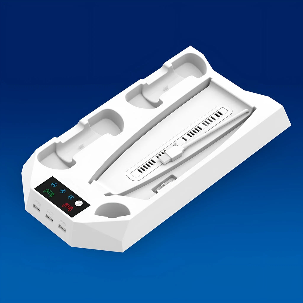 PS5 charging base radiator in black colour showing direct plug connection and controller charging