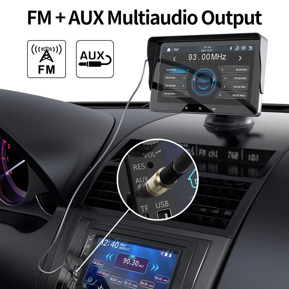 7-inch wireless CarPlay car display with suction cup mount and cigarette lighter power cable