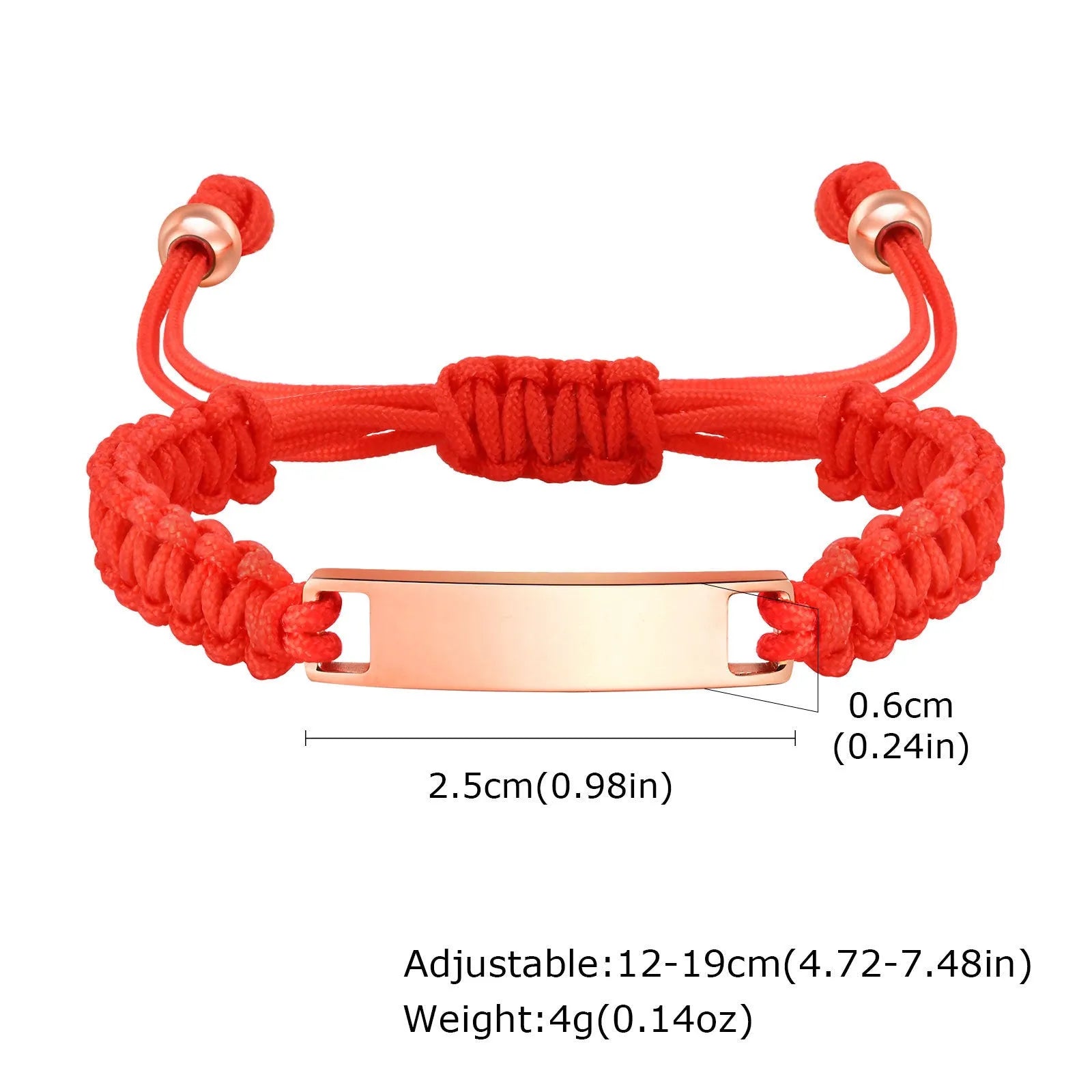 Red nylon rope woven child's bracelet with curved stainless steel brand piece in rose gold finish
