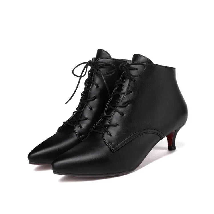 Women's lace up short boots in black with mid heel and composite PU upper