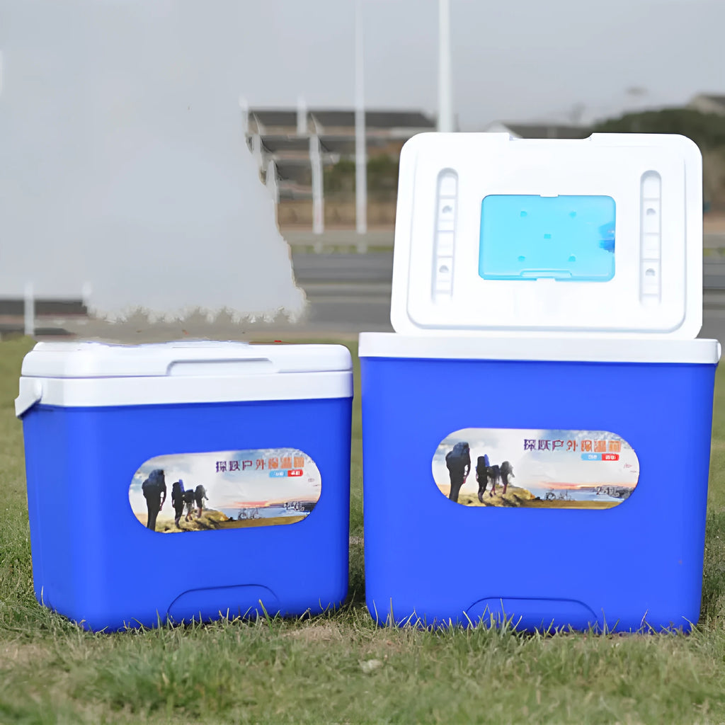 Blue aluminium foil insulated cooler box with multiple capacity options from 3.5L to 38L for outdoor use