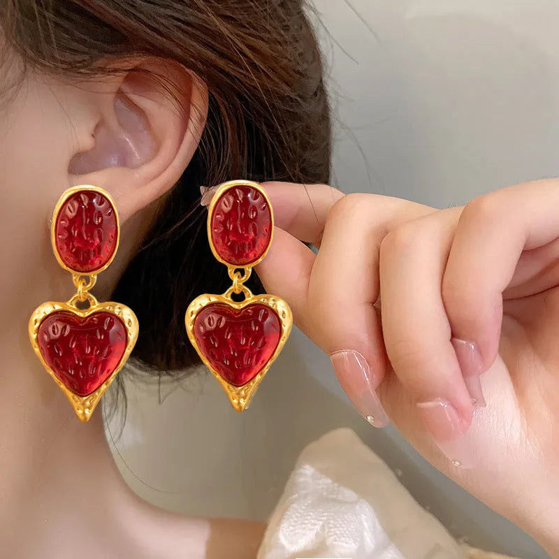 Silver pleated heart-shaped alloy stud earrings in multiple colour options