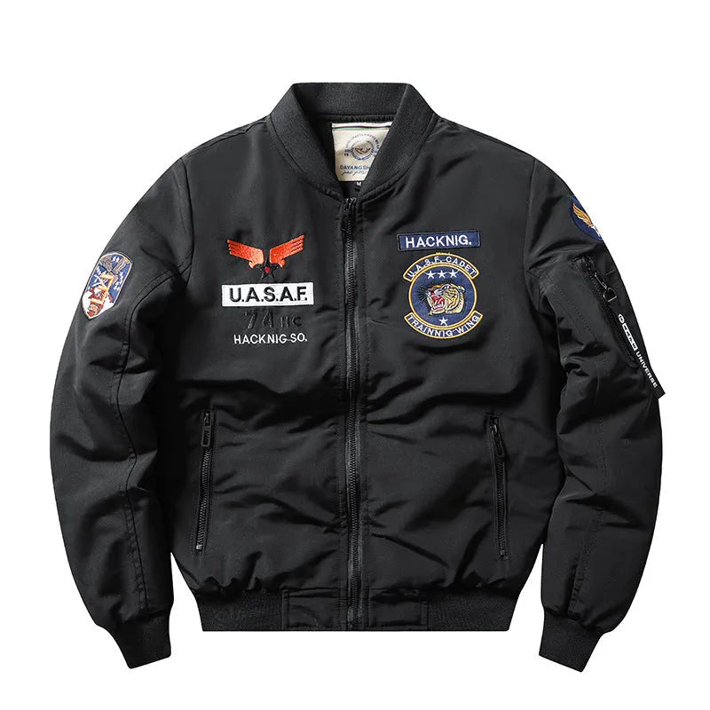 Men's slim-fit black retro embroidery motorcycle coat with a stand collar and patch pockets.