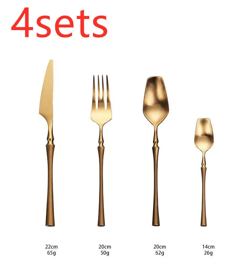 Four-piece stainless steel cutlery set with main knife, main fork, main spoon and teaspoon for gift-giving occasions