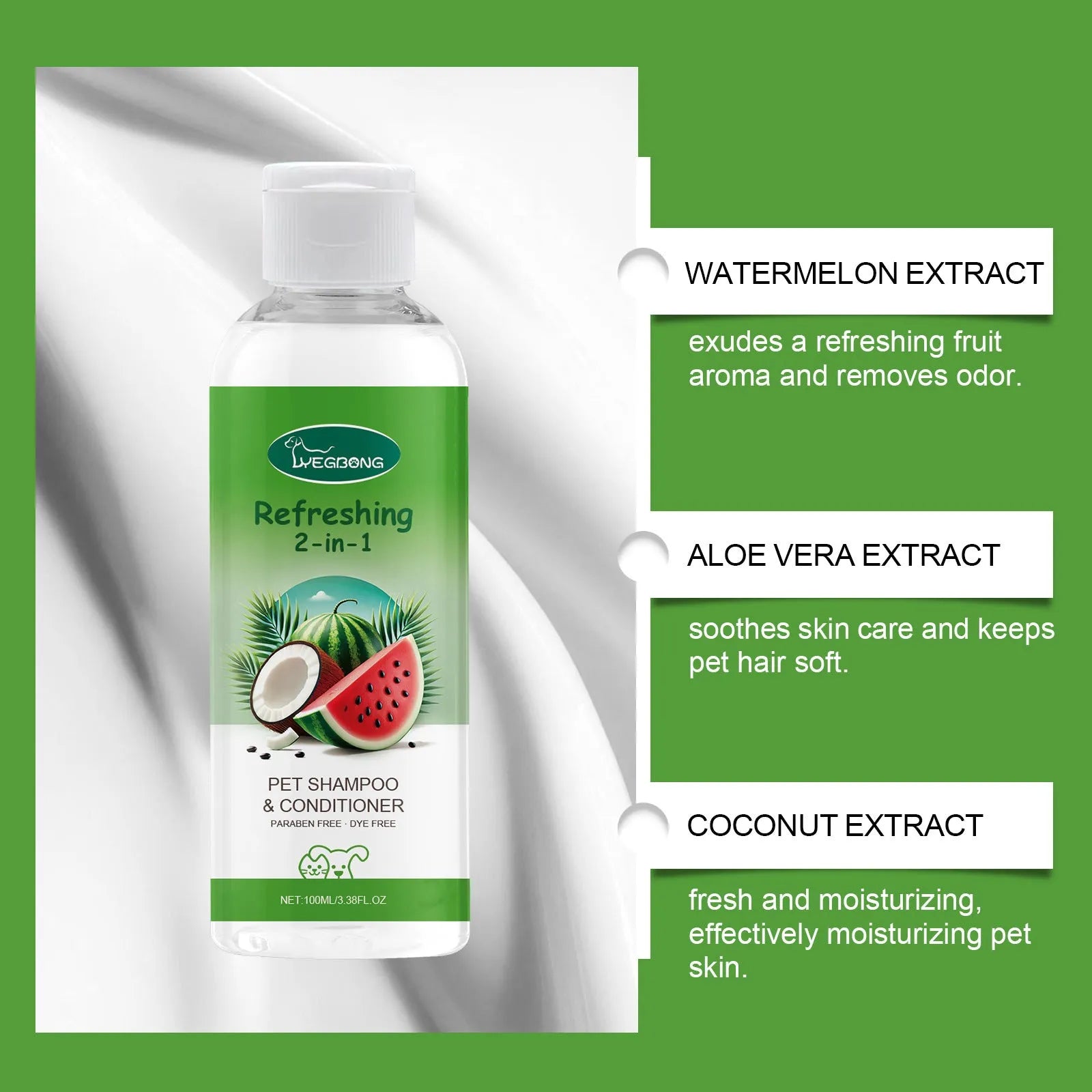 100ml bottle of pet 2-in-1 shampoo fragrance shower gel with watermelon and coconut extracts