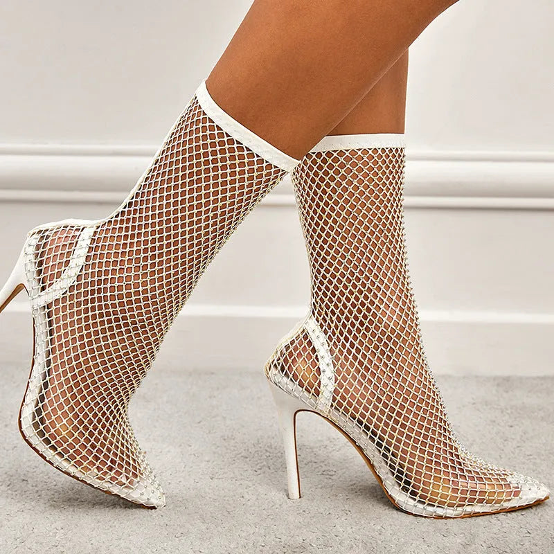 Women's pointed-toe stiletto boots with hollow mesh upper, PU lining and rubber sole, in white, red or black.