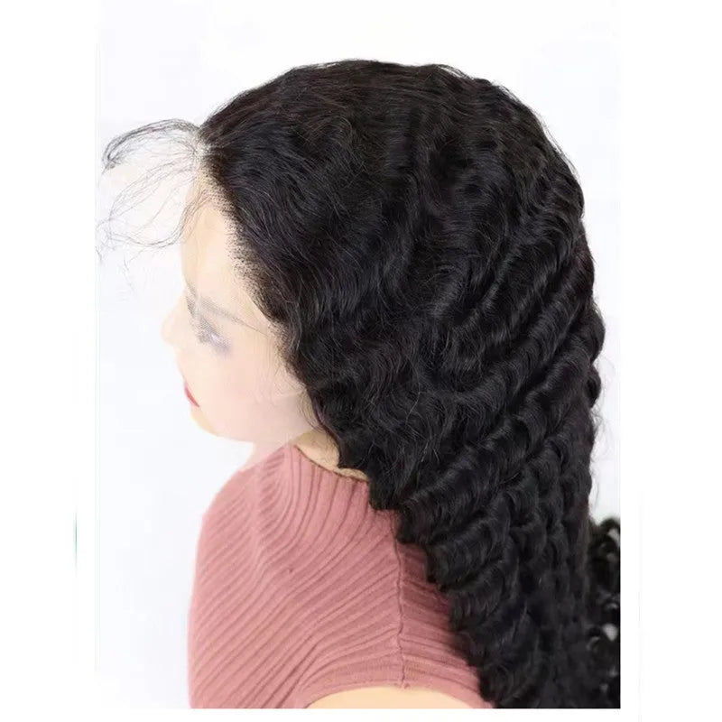 Simple solid colour half lace human hair wig shown in one of the available lengths from 18 to 34 inches.