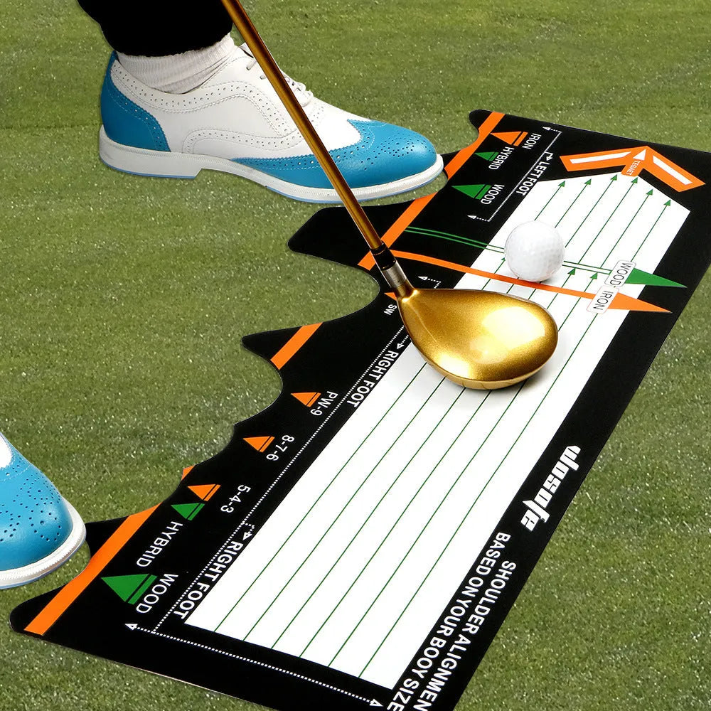 Black neoprene golf swing stance training mat with alignment markings for posture correction
